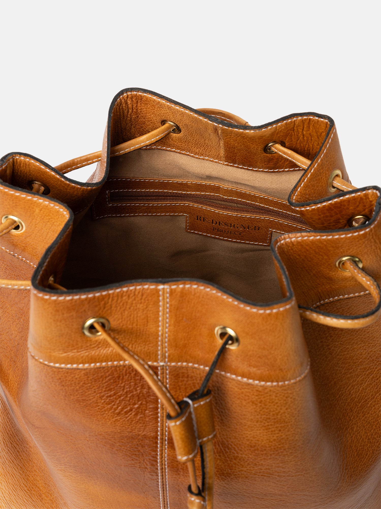 Women's Leather Bucket Bag in Tan 'Saddle' - Thursday